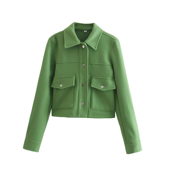 Dam kort-skärning ull look jacka med flap fickor och press studs