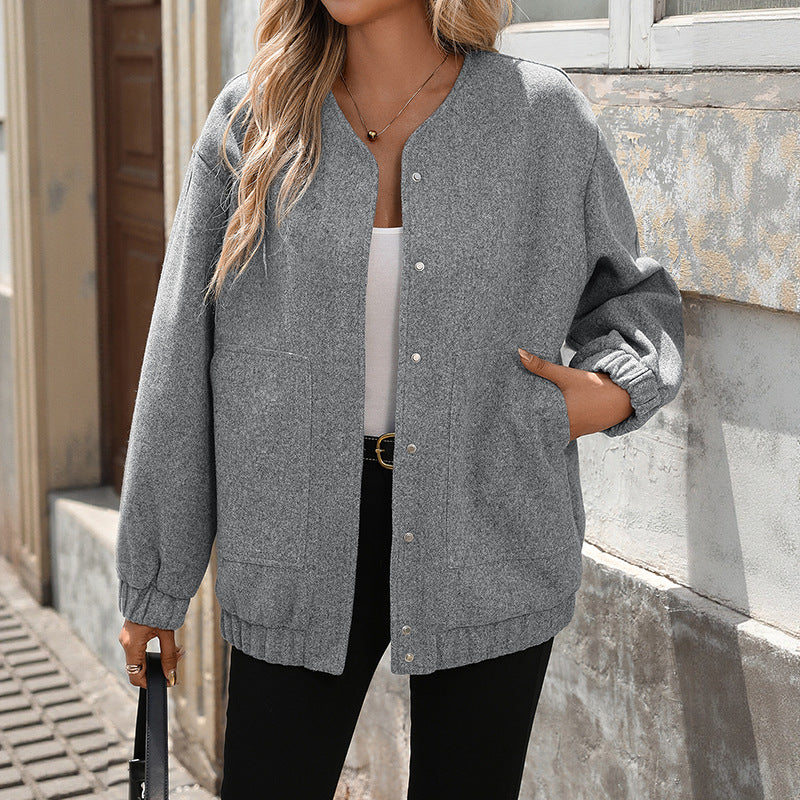 Dam Oversized Ull-Look Blouse Jacka med Tryckknapp Knapp Stängning, Elastiska Muddar &amp; Utanpåfickor