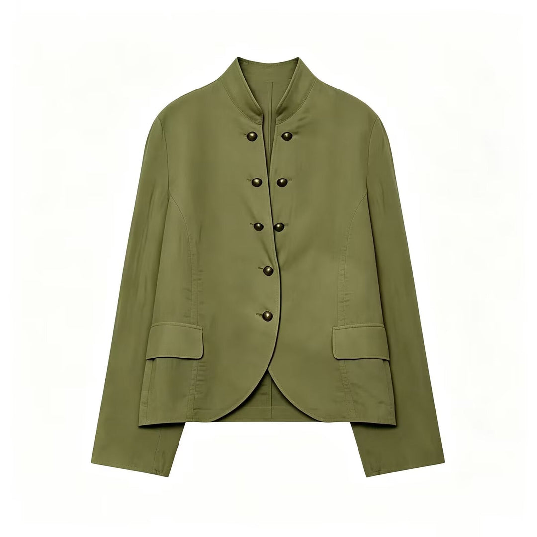 Dam Elegant Kort Jacka med Standing Krage, Dekorativ Toggle Knappar och Lock Fickor