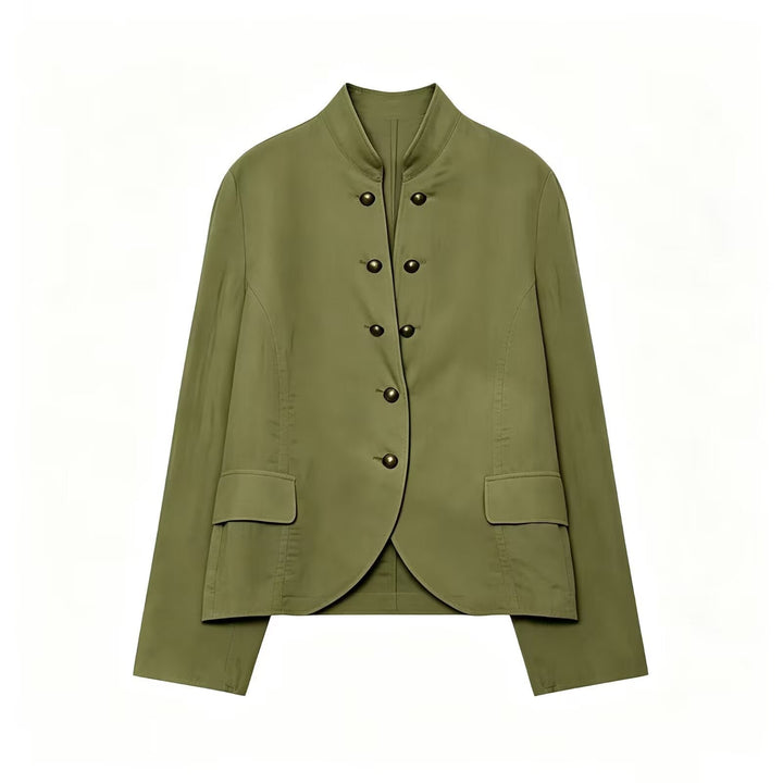 Dam Elegant Kort Jacka med Standing Krage, Dekorativ Toggle Knappar och Lock Fickor