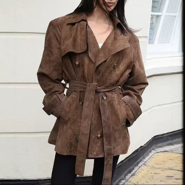 Dam kort mocka trenchcoat med Double-Breasted och midjebälte