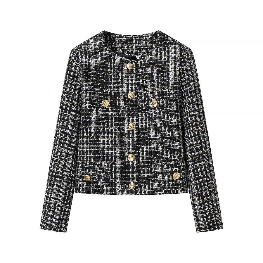 Dam kort bouclé tweed jacka med rund hals, decorative gold knappar, och påsydda fickor