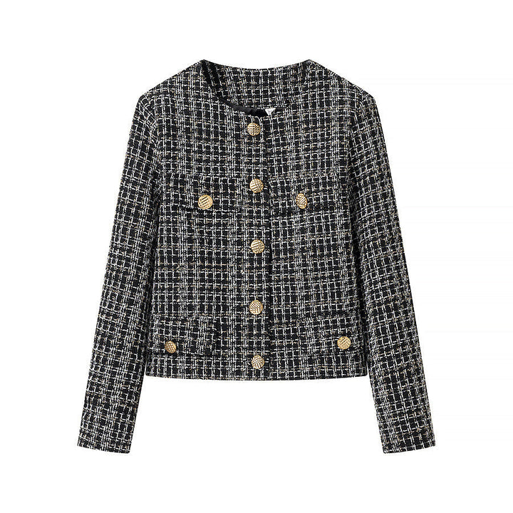 Dam kort bouclé tweed jacka med rund hals, decorative gold knappar, och påsydda fickor