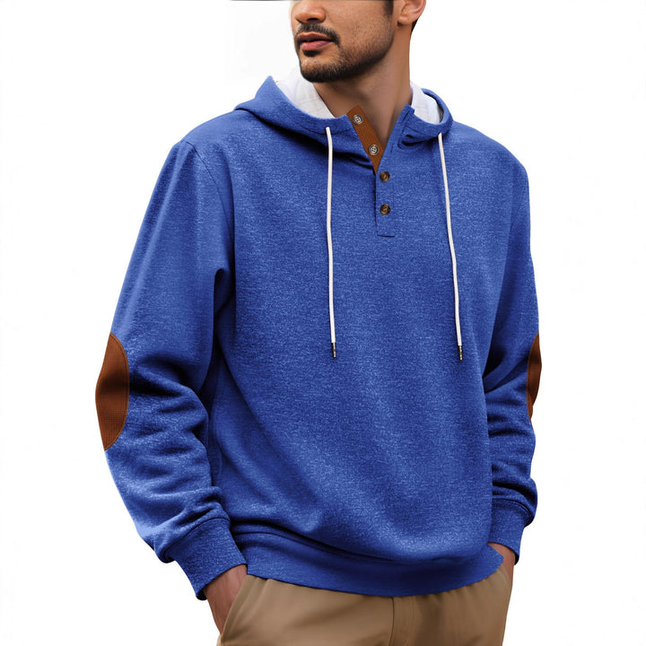 Herr med Huva College-Tröja i Puristic Leisure Stil med Henley Knapplist, Contrasted Huva Interior, och Elbow Lappar