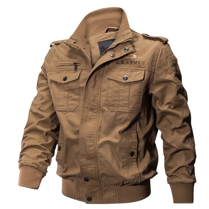 Herr Military-Inspired Pilot Jacka Tillverkad av Canvas med Epaulets och Ribbad Muddar