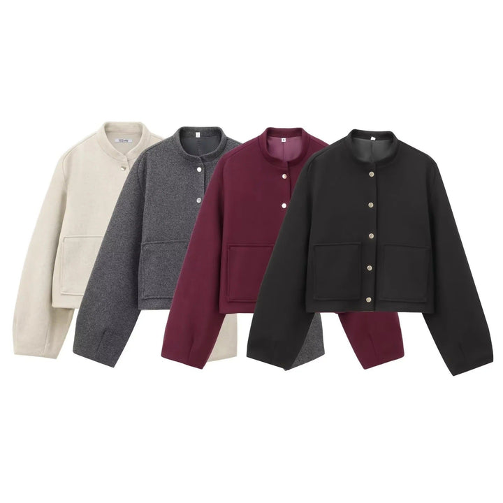 Dam 500+ Kort Boxig Ull Blend Blouson Jacka med Stå Krage, Tryckknapp Knappar och Stora Patch Fickor