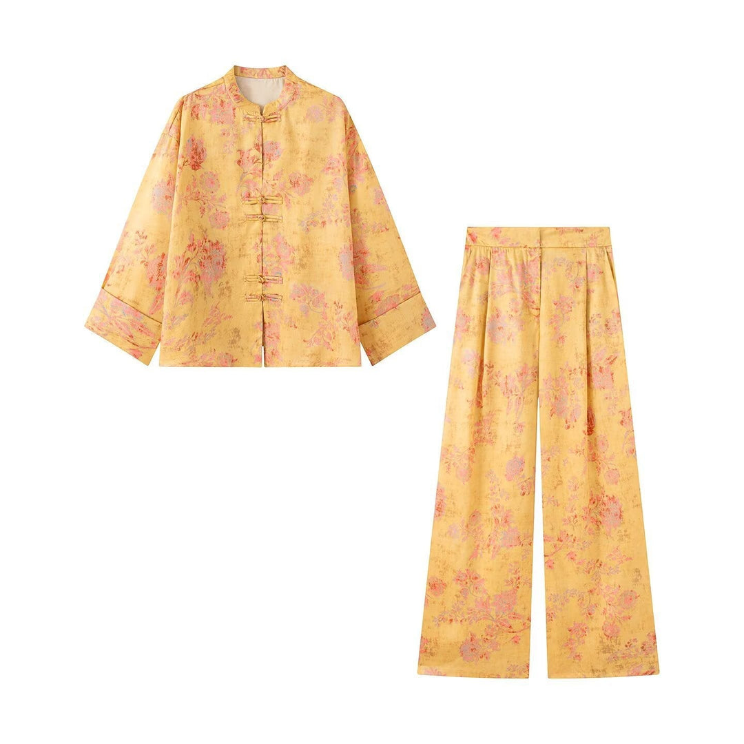 Dam Brocade Jacka med Mandarin Krage, Knot Closures och Wide Kimono Ärmar