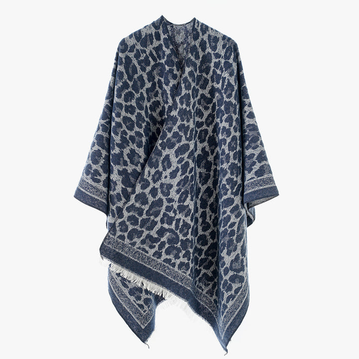 Dam Jacquard poncho med Leopard mönster, Fringes och Open oversized skärning
