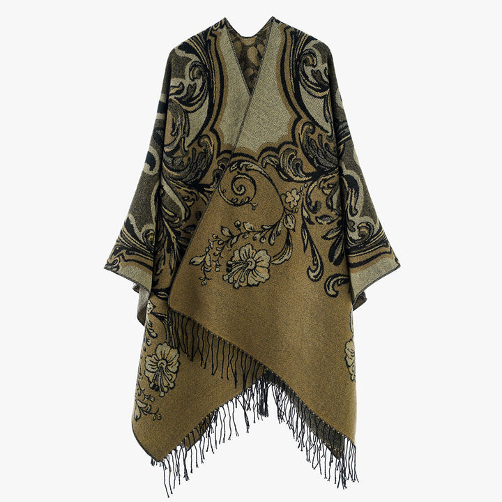 Dam Jacquard poncho Wrap i Baroque mönster med Fringes