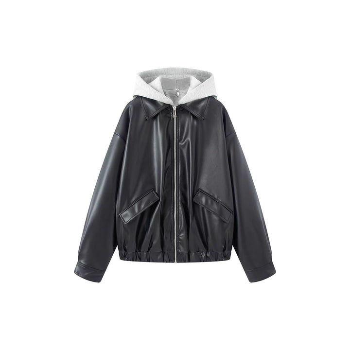 Dam Oversized Konstläder Blouson med Huva Insert och Lockfickor