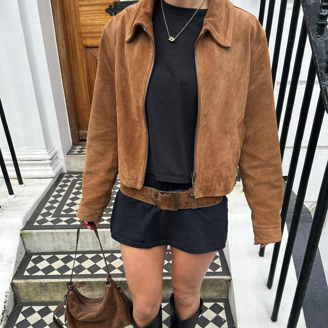 Dam kort-skärning mockalook blousonjacka med skjortkrage och dragkedja