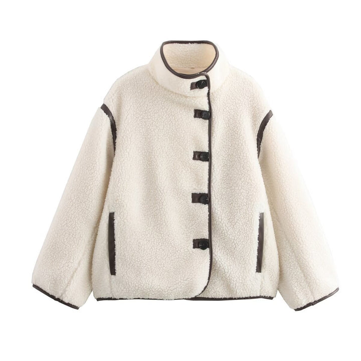 Dam 100+ Teddy Jacka i Oversize Look med Stå Krage och Contrast Piping