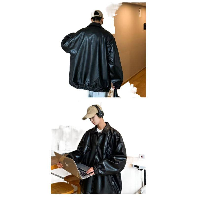 Herr Oversized PU Läder Shacket med Lock Fickor och Elastisk Muddar