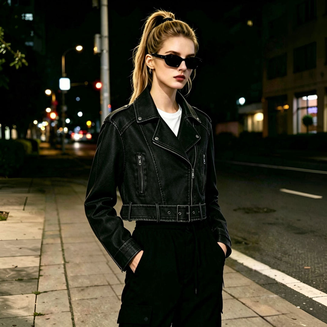 Dam Modern Kort Jacka i Biker Stil