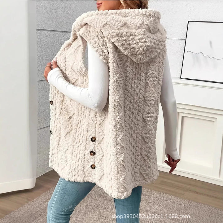Dam fleece Lined teddy väst med huva och knapp stängning