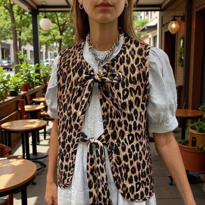 Dam ärmlös Leopard tryck väst med Ties och Textured Surface