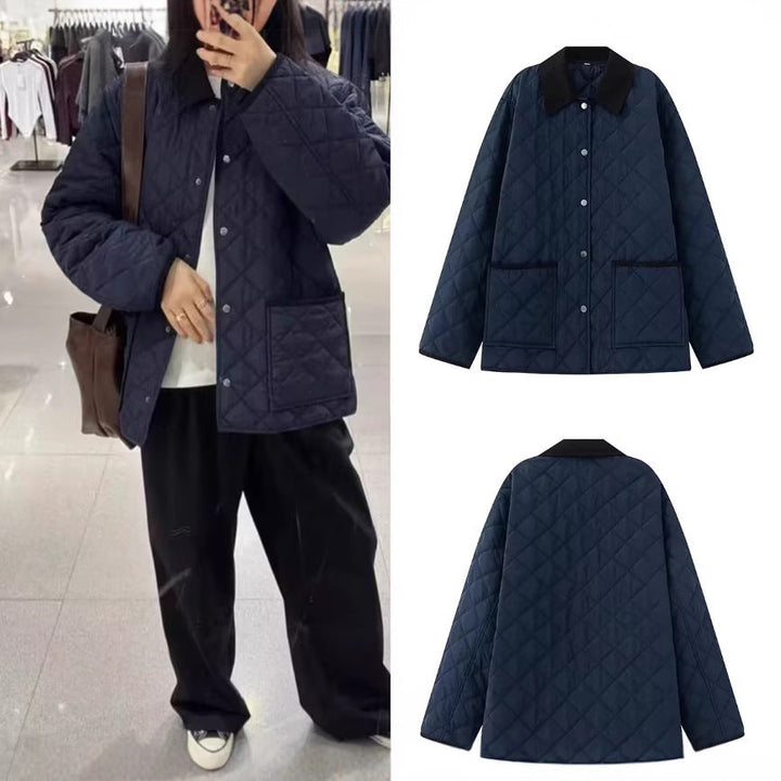 Dam Lätt Quiltad Övergångsjacka i Oversized Cocoon med Cord Krage