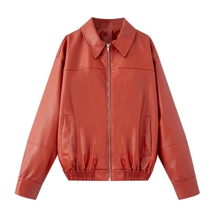 Dam kort jacka gjord konstläder in oversize bomber stil med skjortkrage och elastic fåll