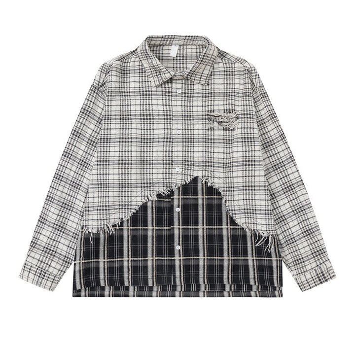 Unisex Oversized Skjorta Jacka med Layered Look, Frayed Fåll och Check Mix