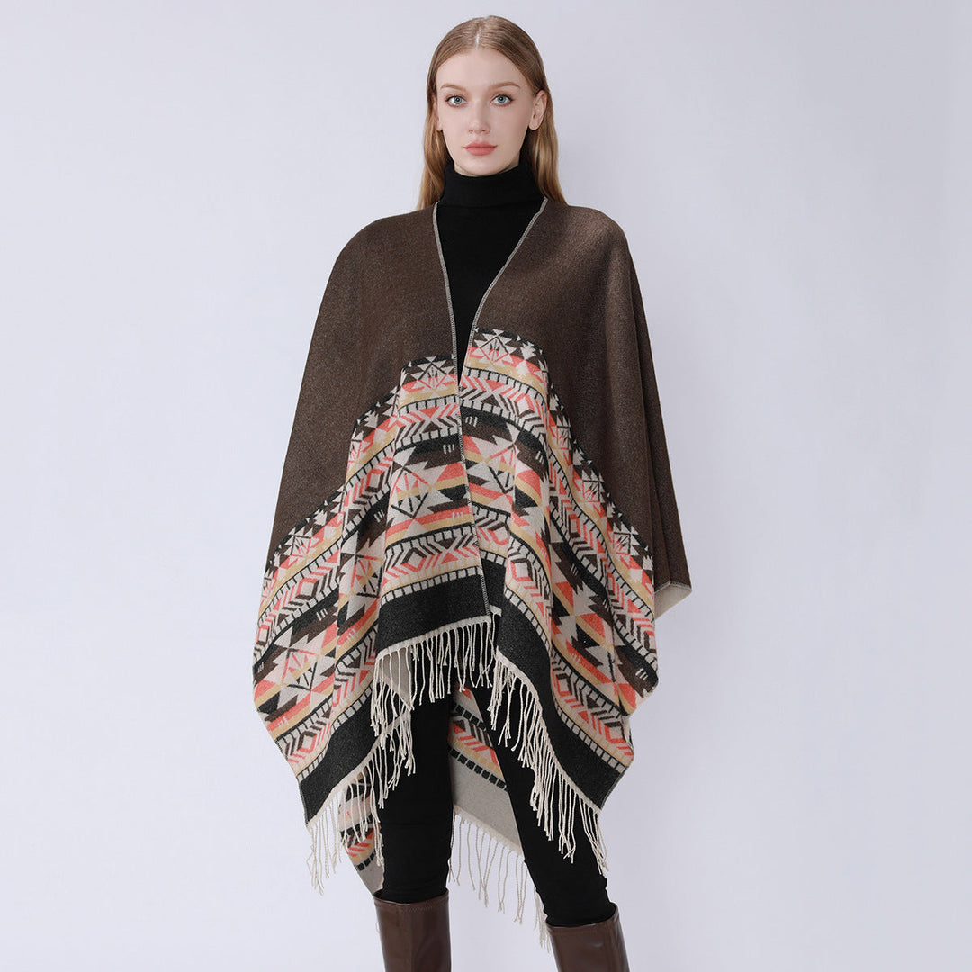 Dam V-krage Wrap poncho i kimono stil med Ethno kant och fransfåll