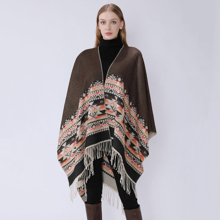 Dam V-krage Wrap poncho i kimono stil med Ethno kant och fransfåll