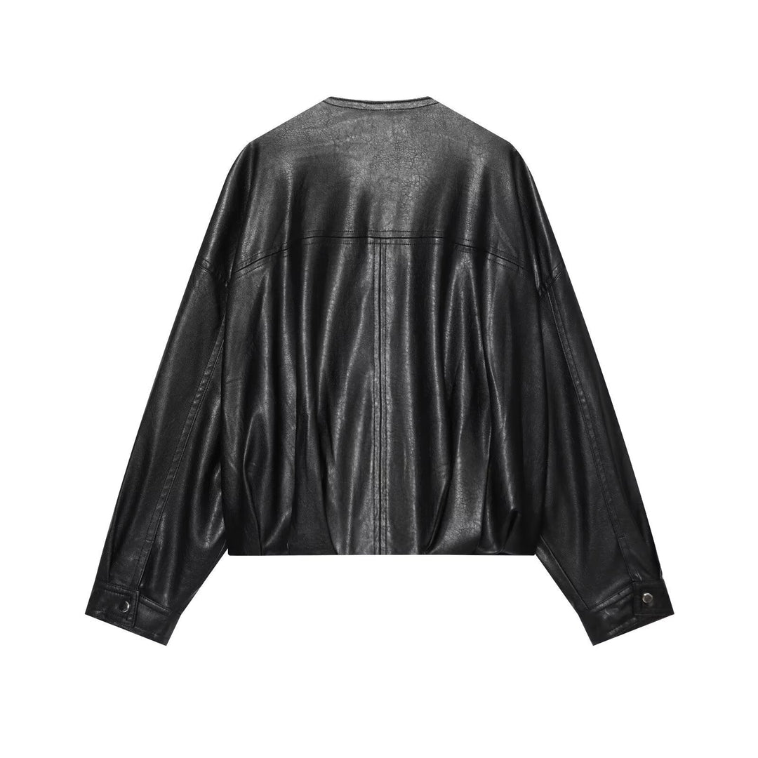 Dam Oversize Faux Läder Blouson med Round Neckline, Dragkedja och Side Fickor