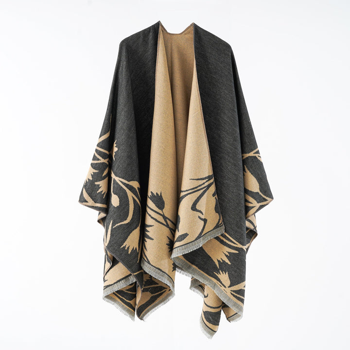 Dam Reversible oversized capeponcho tillverkad av ullblandning med Floral Jacquard Weaving