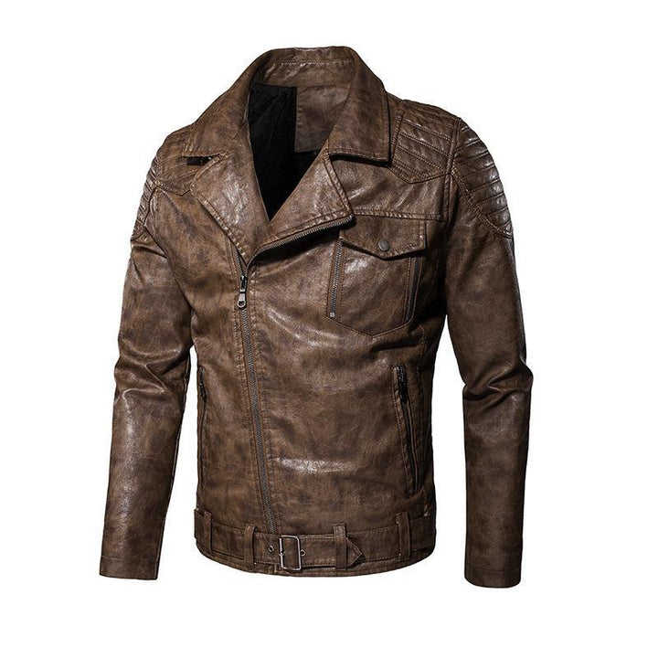 Herr Konstläder Biker Jacka med Axel Quilting, Asymmetric Dragkedja, och Justerbar Belted Midja