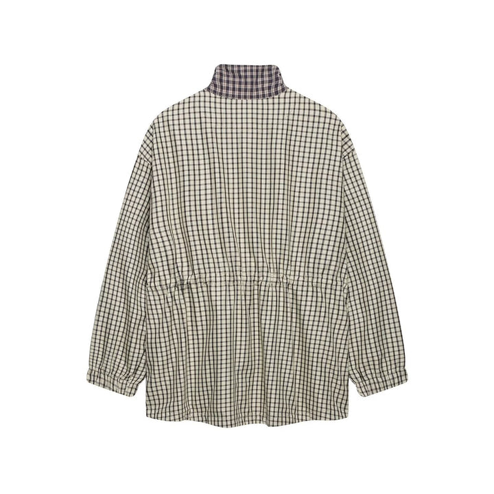 Dam Checked Oversize Parka med Drawstring, Stå Krage och Lock Fickor