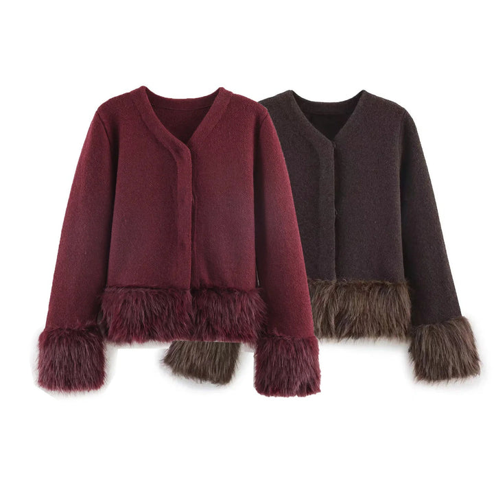 Dam kort ulljacka med fluffy faux fur kant at Den fåll och ärmar