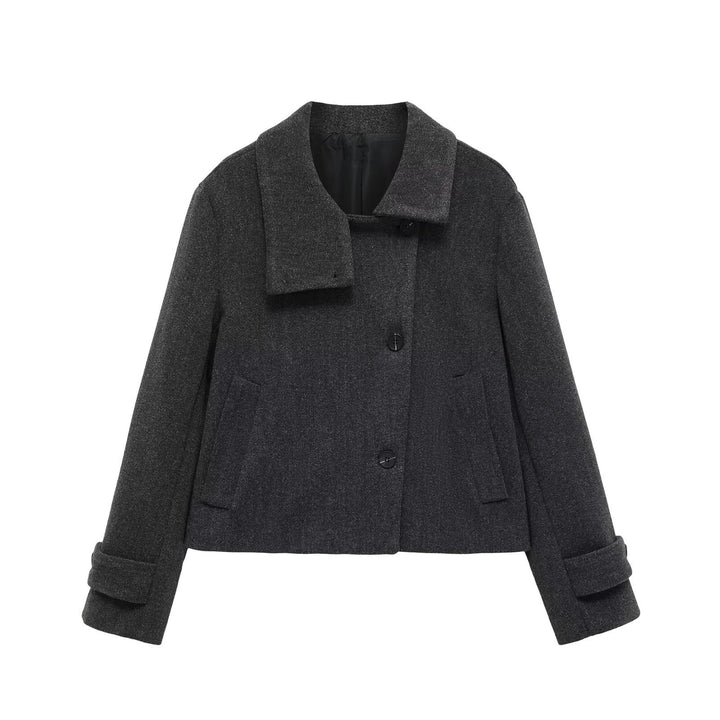 Dam Kort Ull Blend Jacka med Shawl Krage, Boxig Shape och Justerbar Muddar