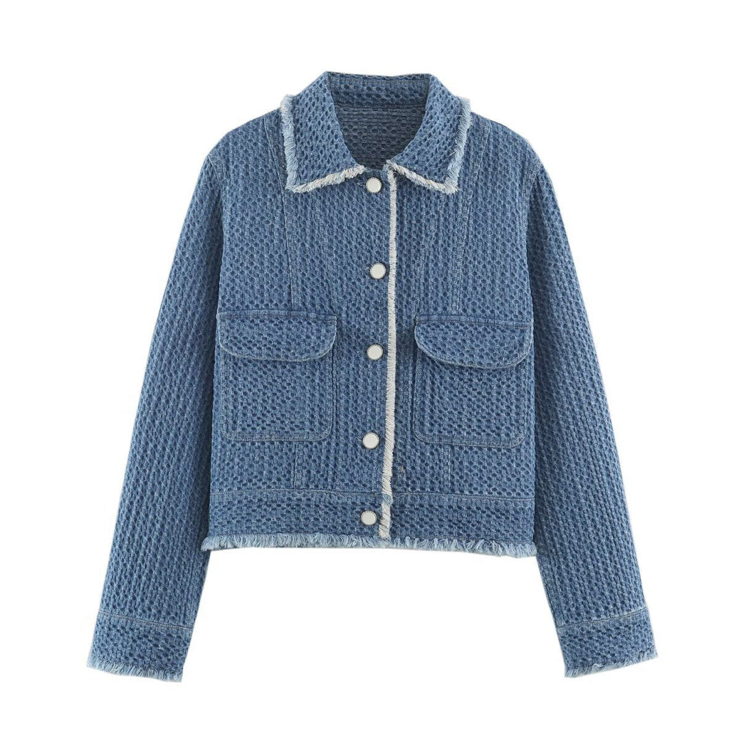 Dam kort Boxy denimjacka med Waffle Texture, utanpåfickor och Fringe Trim