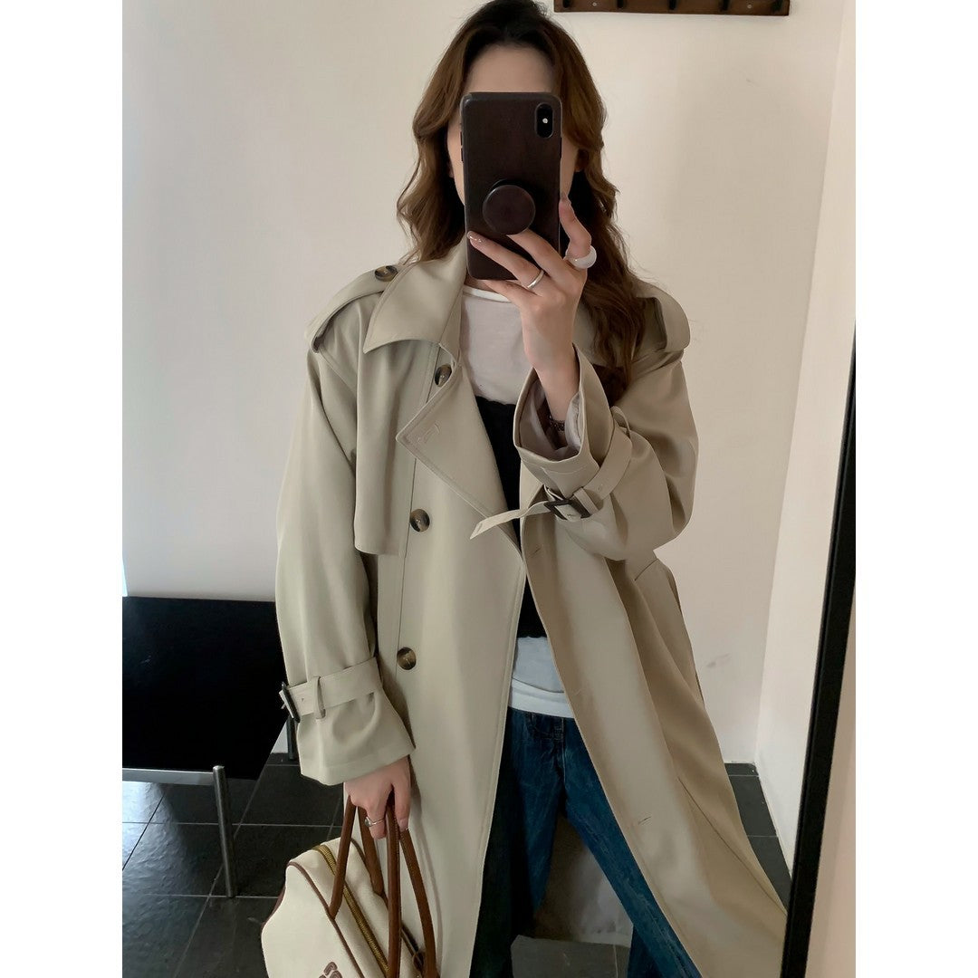 Dam lång trenchcoat med hög krage, Double Storm Flap och justerbar muddar