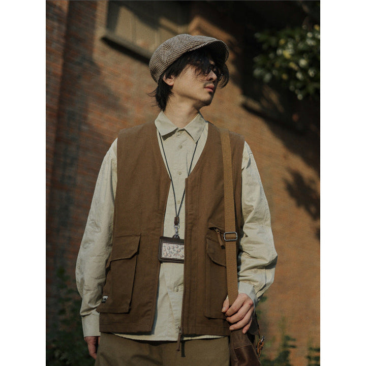 Herr Multifunctional Canvas Utility Väst med Fram Fickor och Dragkedja