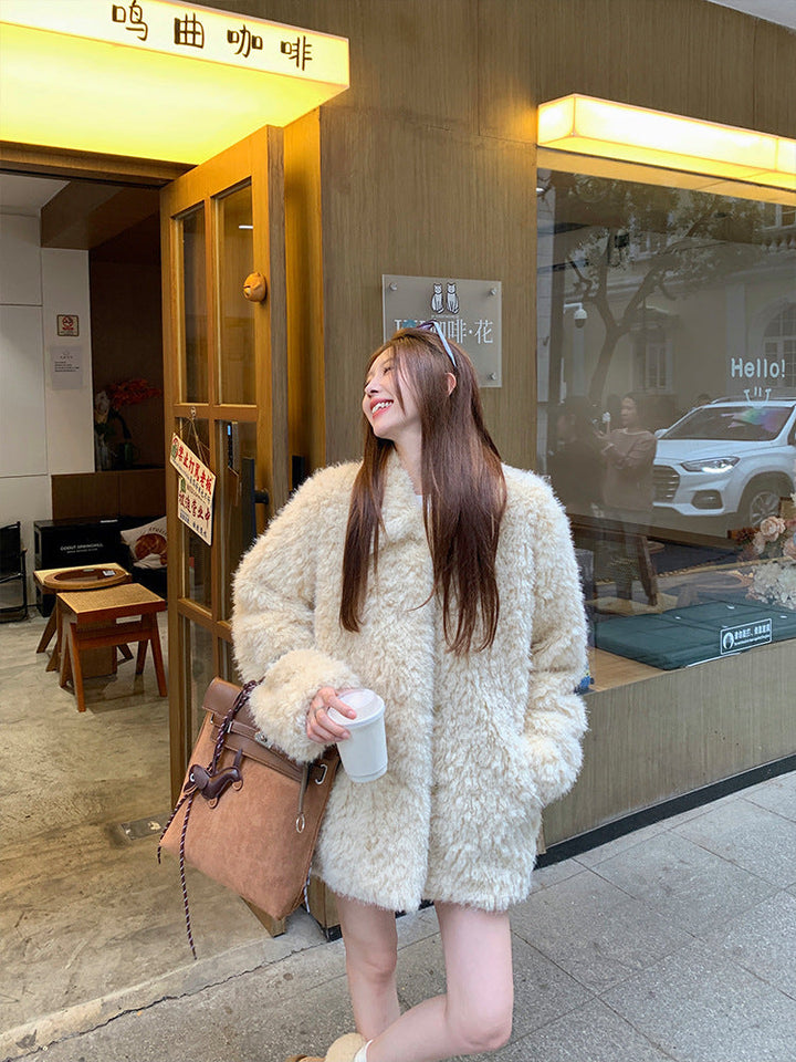 Dam oversize Faux Fur kappa med teddy look, Stand krage och fickor