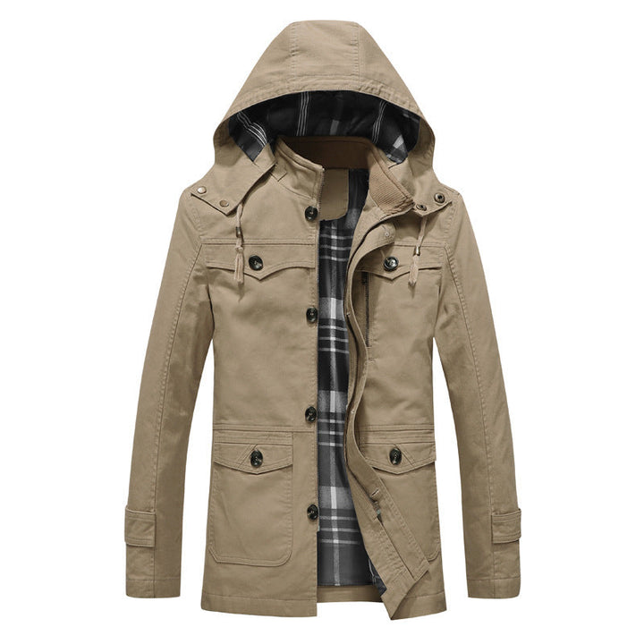 Herr Canvas Parka med Fodrad Huva, Rutig Foder och Multifunctional Yttre Fickor