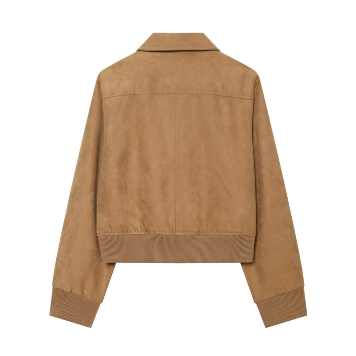 Dam Kort Suede Läder Blouson i Boxig Skärning med Skjort Krage, Lock Fickor och Wide Ribbed Cuff