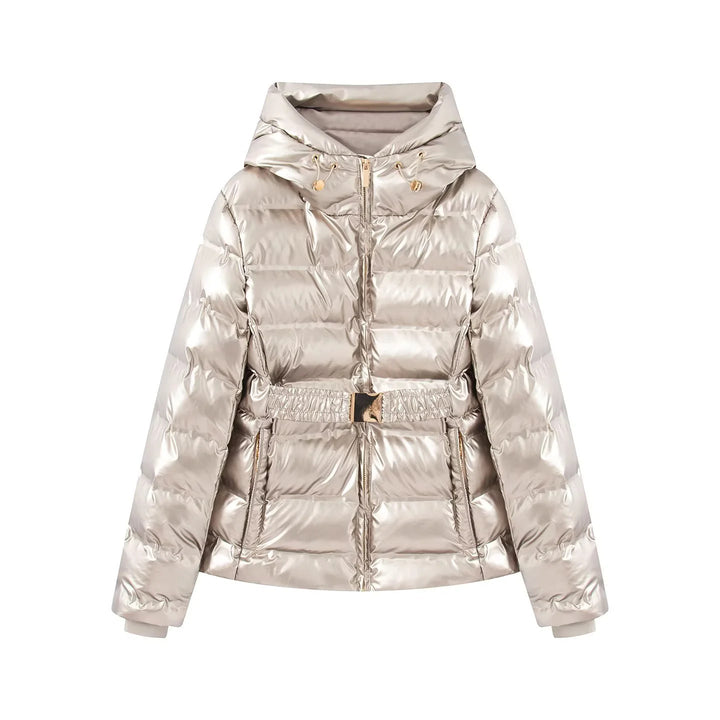 Dam quiltad glossy quiltad jacka med huva, vadderad värmefoder och elastic waistband