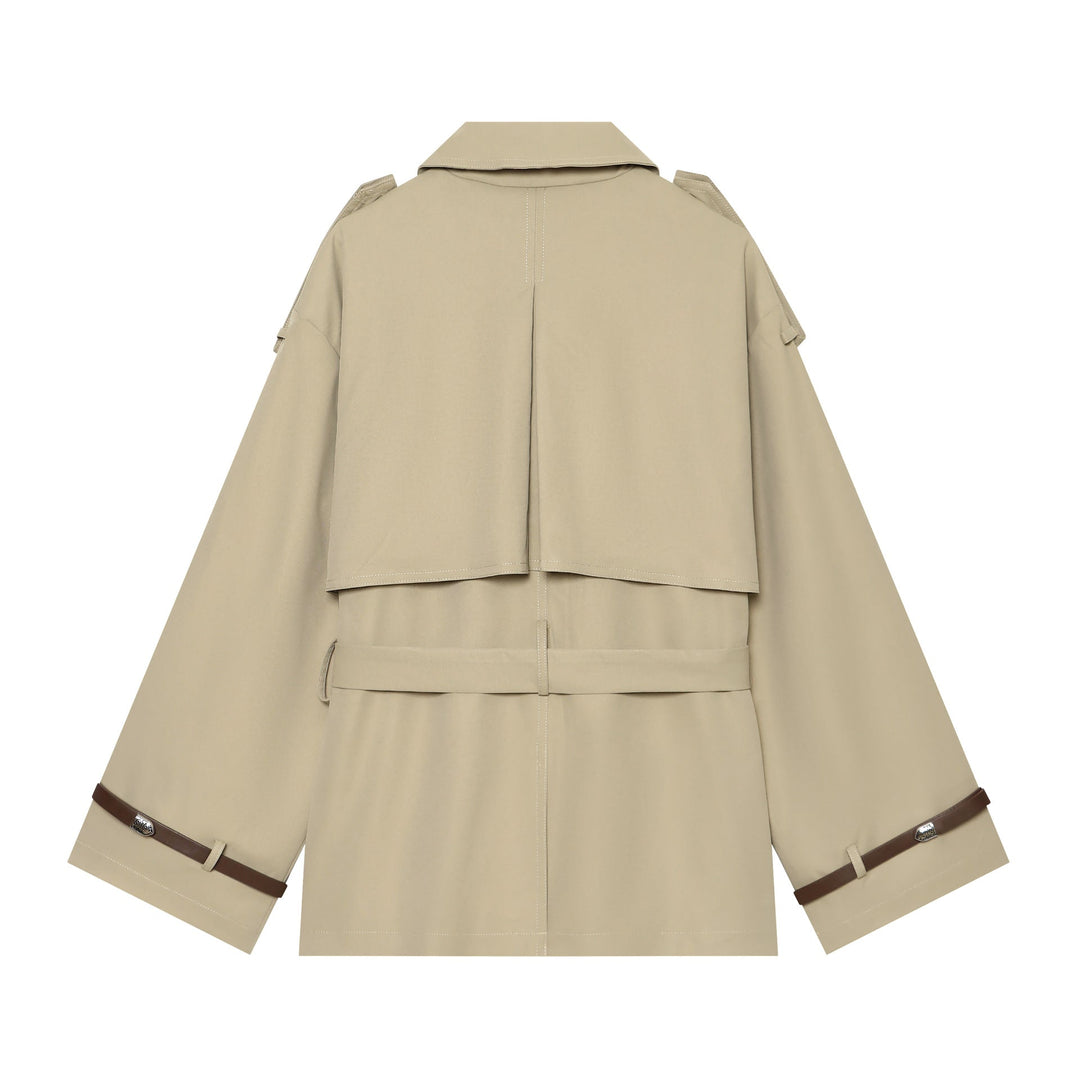 Dam kort-skärning cape trenchcoat med double-breasted knäppning och midjebälte