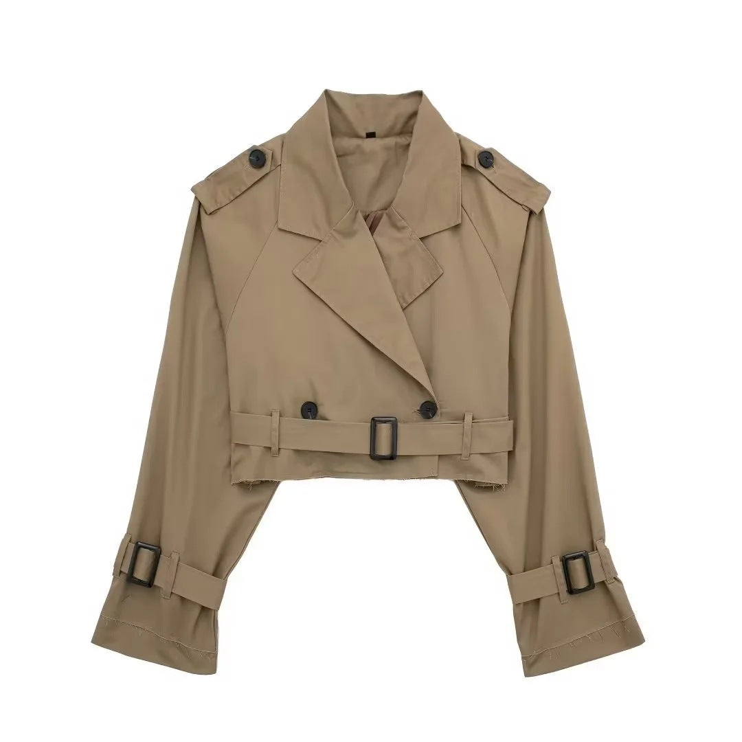 Dam Kort Trench Jacka med Epaulettes, Waist Belt och Justerbar Muddar