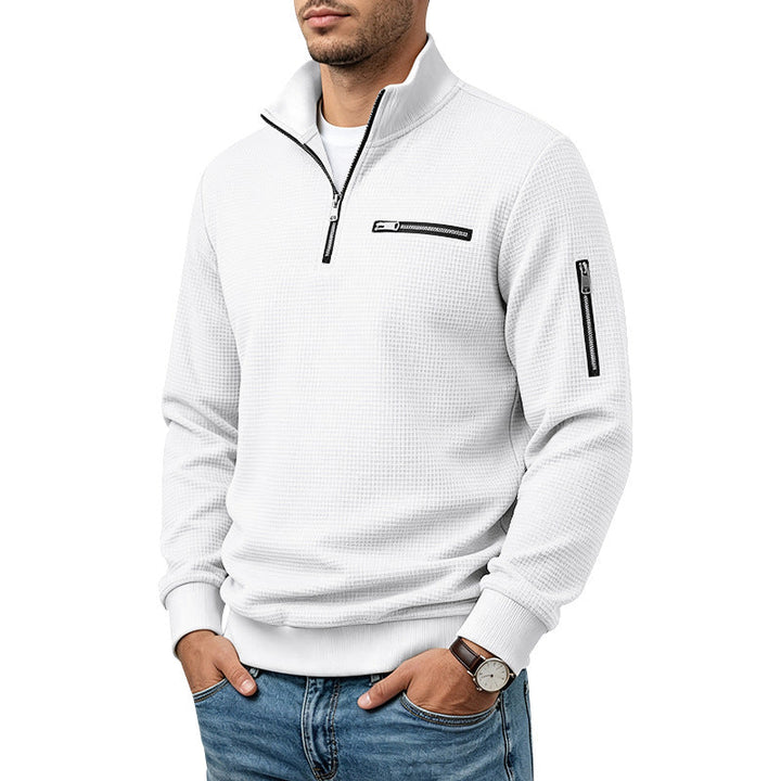 Herr Waffle-Stickad Turtleneck med Contrast Krage, Zippered Bröstficka och Ärmficka