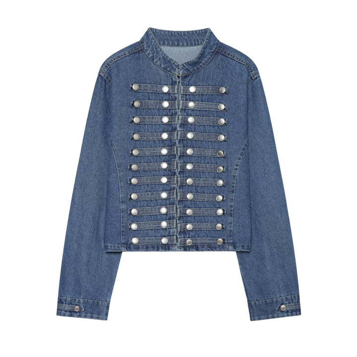 Dam kort skärning denimjacka in military stil med ståkrage och dekorativ knapp rows