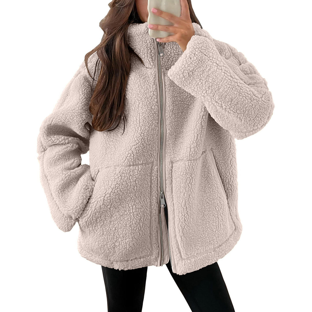 Dam oversized teddy fleecejacka med ståkrage och full-length dragkedja