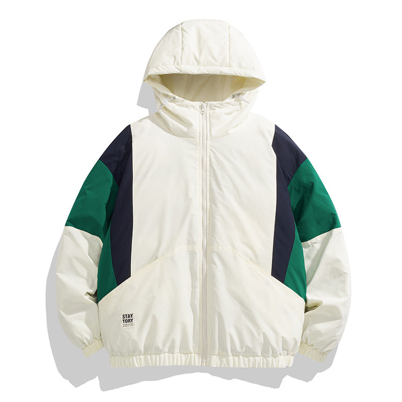 Unisex med Huva Quiltad Jacka i Color Block Look med Elastic Nederkant, Kangaroo Fickor &amp; Lätt Termisk Foder