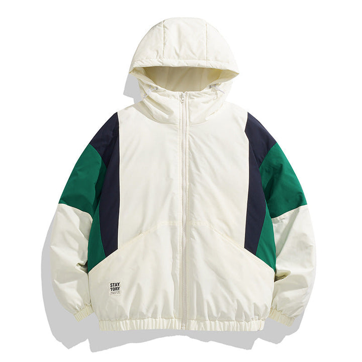 Unisex med Huva Quiltad Jacka i Color Block Look med Elastic Nederkant, Kangaroo Fickor &amp; Lätt Termisk Foder