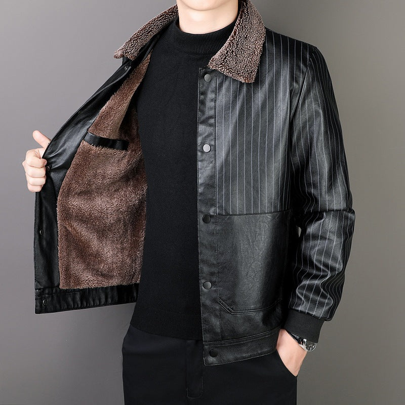Herr Konstläder Blouson med Sherpa Krage, Varm Teddyfoder och Pinstripe Detalj