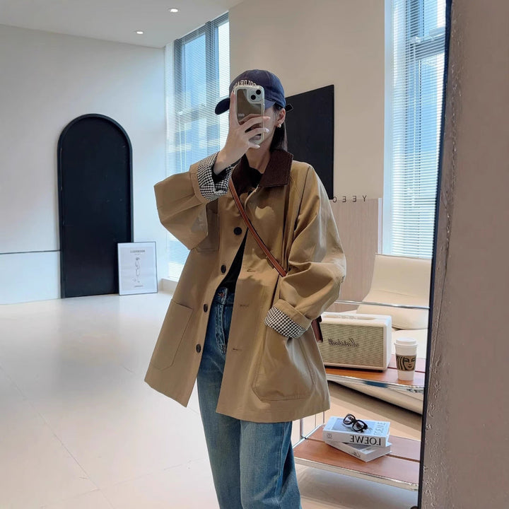 Dam modern oversize jacka med kontrasterande krage
