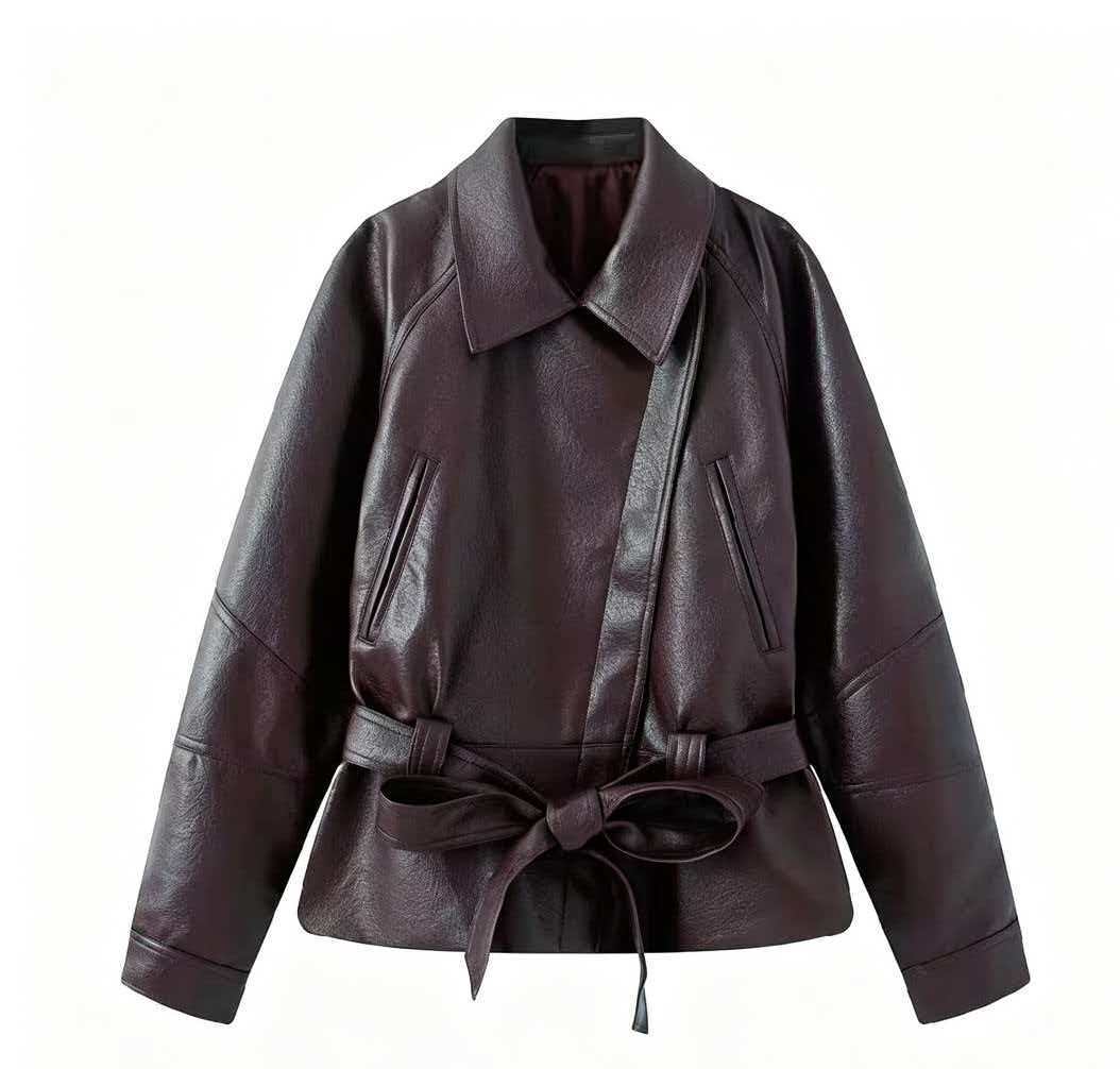Dam Kort Jacka Gjord av Konstläder med Belted Midja och Skjortkrage