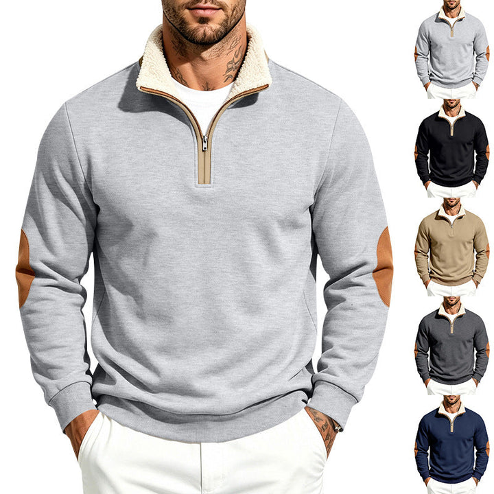 Herr Troyer Halv Dragkedja Pullover med Teddy Fleece Foder, Konstläder Elbow Lappar och Ståkrage