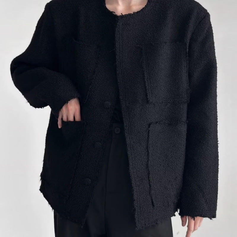 Dam oversize Boucle jacka utan krage med utanpåfickor och Raw Edge detaljer